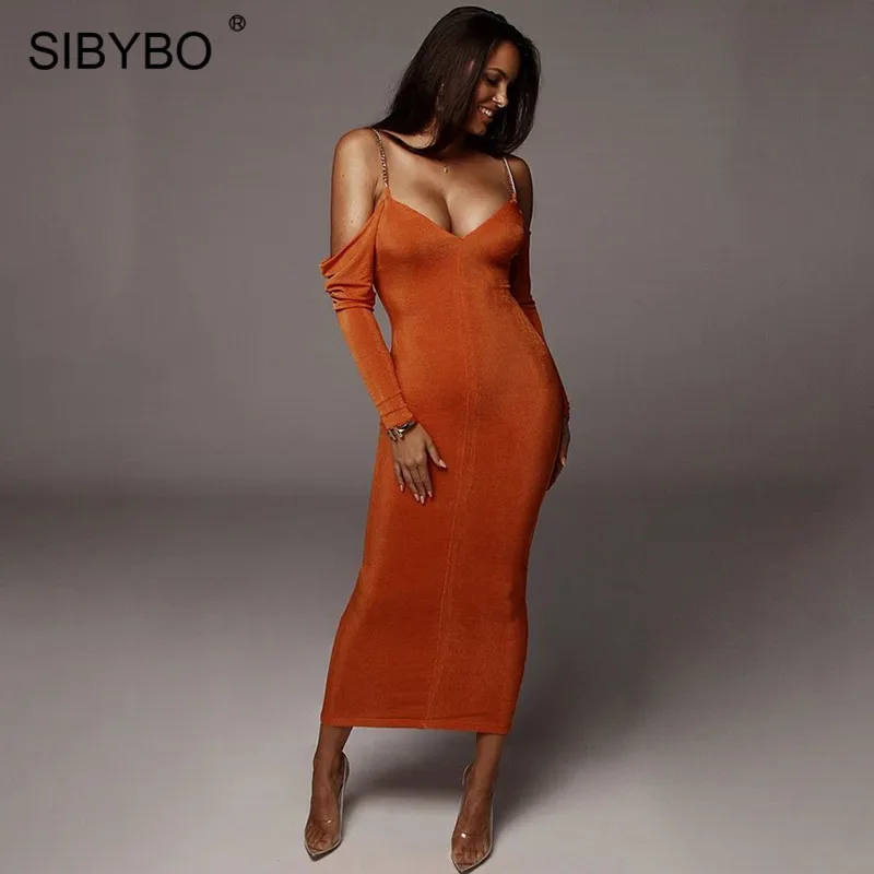 SIBYBO Metal Spaghetti Strap Winter Long Dress Women Off Shoulder Long Sleeve Sexy Bodycon Dress Autumn Backless Party Dress