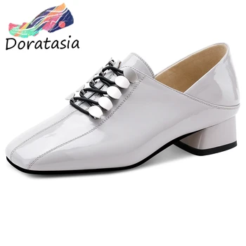 

DORATASIA New Brand Design Patent Leather Pumps slip-on Solid Ol Pumps Women Fashion Square Toe Med Heels Shoes Woman