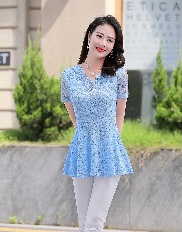 UHYTGF Womens Blouse Hollow Lace V-Neck Pullover Solid Wild Summer Shirt Elegant Female Clothing Chiffon 5XL Big Size Tops 2085