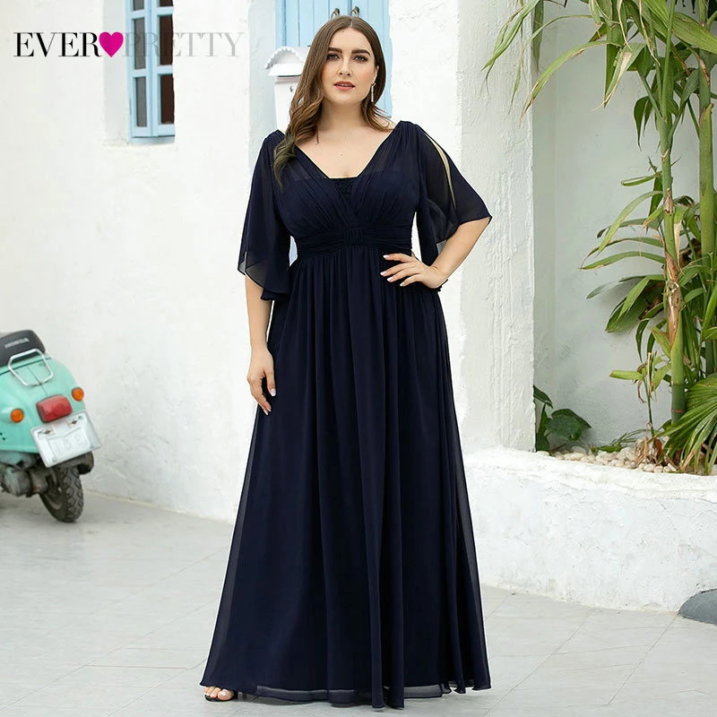 

Mother of the Bride Dresses Ever Pretty EP00662NB Elegant A-line Navy Blue Chiffon V-neck Short Sleeve Long Evening Gowns 2020