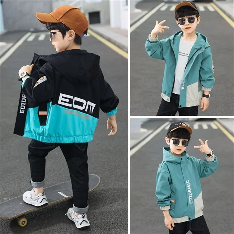 Children Boys Outwear New Spring Windproof Hooded letterJacket For 3-14 Yrs Kids Fashion Clothes