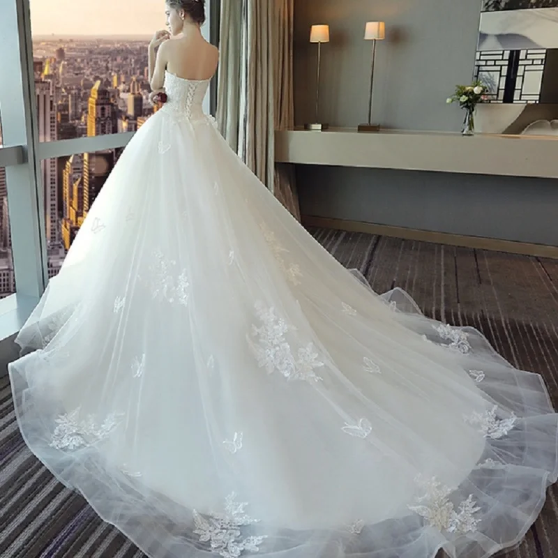 Alilove /A Line/Strapless/White/Simple/New/Style/Big Size/Sexy/Bridal/Bride Wedding Dress Lace/Luxury/Sleeveless/Backless
