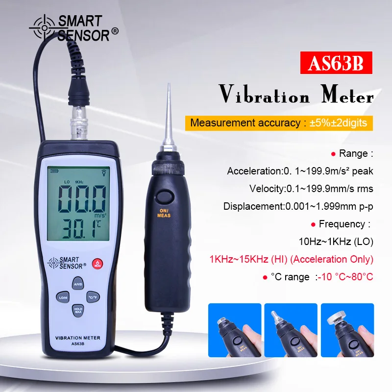 

SMART SENSOR AS63B Split Type vibrometer Detached Digital Probe Type Vibration Meter acceleration velocity displacement Measure