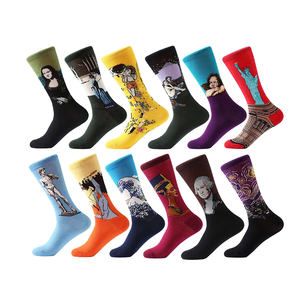Мужские и женские хлопковые забавные носки с рисунками маслом, носки до колена, повседневные Праздничные Носки