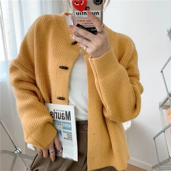 

Autumn Korean Style Sweater Cardigan Women Casual O-Neck Solid Knitted Cardigan Female Yellow Pink Gray Fashion Tops