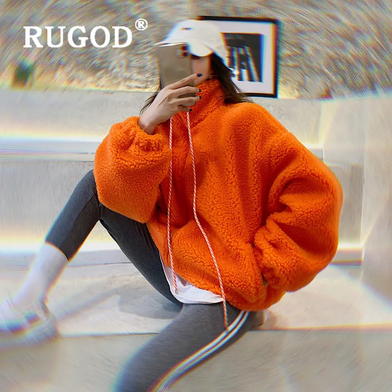 RUGOD, оранжевая Женская толстовка Kpop, одежда со стоячим воротником, кашемировое пальто, Британская мода, повседневная Корейская уличная одежда, зима