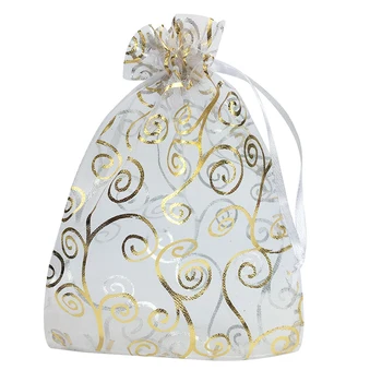 

100pcs 4x6 Inches Drawstrings Organza Gift Candy Bags Wedding Favors Bags (White with Gold)