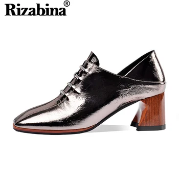 

RIZABINA Women Pumps Shoes Genuine Leather Fashion Lace Up Shoes Women Square Toe Thick High Heels Zipper Footwear Size 34-39