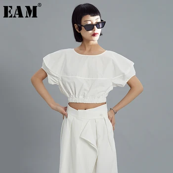 

[EAM] Women White Elegant Short Blouse New Round Neck Puff Sleeve Loose Fit Shirt Fashion Tide Spring Summer 2020 1X650
