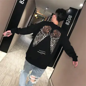 

Mens Luxurious Wings Printed Sweatshirt Autumn Men Black Pullovers Loose Top Costume Homme Male Hip Hop Outwear Sweatshirts