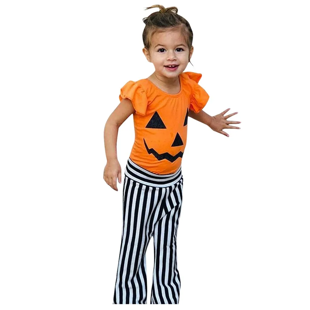 ARLONEETToddler/футболка с тыквой на Хэллоуин для маленьких девочек+ штаны в полоску детская зимняя одежда костюмы на Хэллоуин conjunto infantil menina