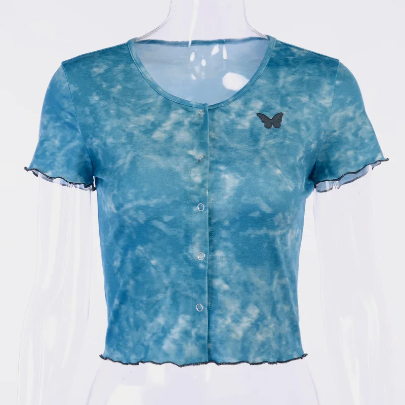 Blue Tye Die T Shirt Women Streetwear Harujuku Embroidery Butterfly Crop Top Button Tee Shirt Femme 90s Gothic Korean Clothes