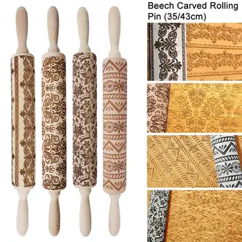 

35/43cm Christmas Embossing Rolling Pin Baking Cookies Noodle Biscuit Fondant Cake Dough Engraved Roller Reindeer Snowflake