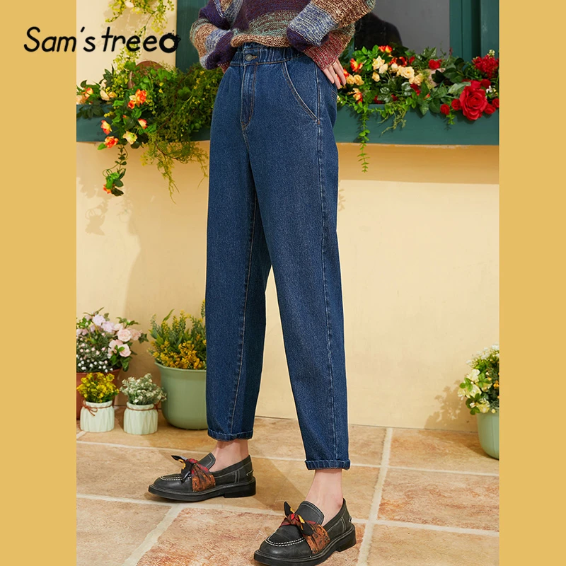 

Samstree Blue Solid High Waist Minimalist Jeans Women 2019 Autumn Button Straight Less Is More Denim Office Ladies Pants