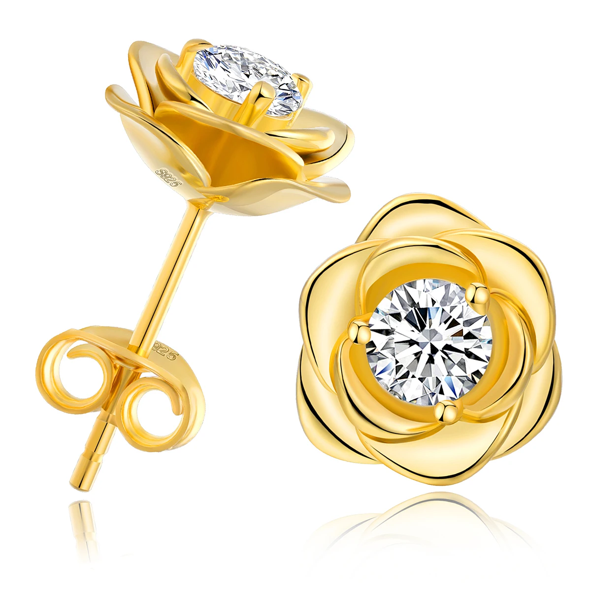 Серьги-гвоздики с розовым цветком-18 k позолоченное серебро 925 пробы чистый блеск CZ
