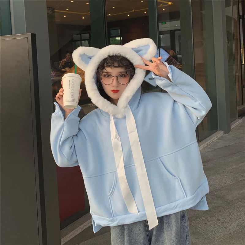 Harajuku Толстовка Женская синяя однотонная Kawaii Большие размеры корейский стиль модная одежда Женская толстовка с капюшоном Женская Толстая Повседневная Мягкая