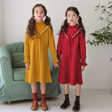 Детские платья для девочек; сезон осень-зима; корейский вязаный костюм принцессы; вечерние платья для подростков; теплое красное платье с длинными рукавами; сезон весна