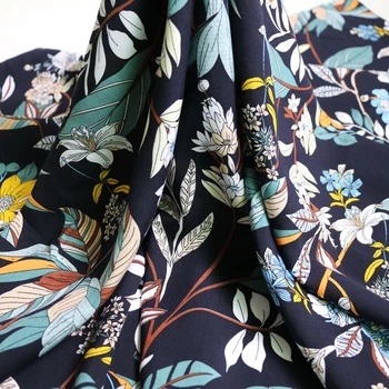 

100cm*140cm Navy Vintage Flower Viscose Poplin Fabric Soft Dress Material Rayon