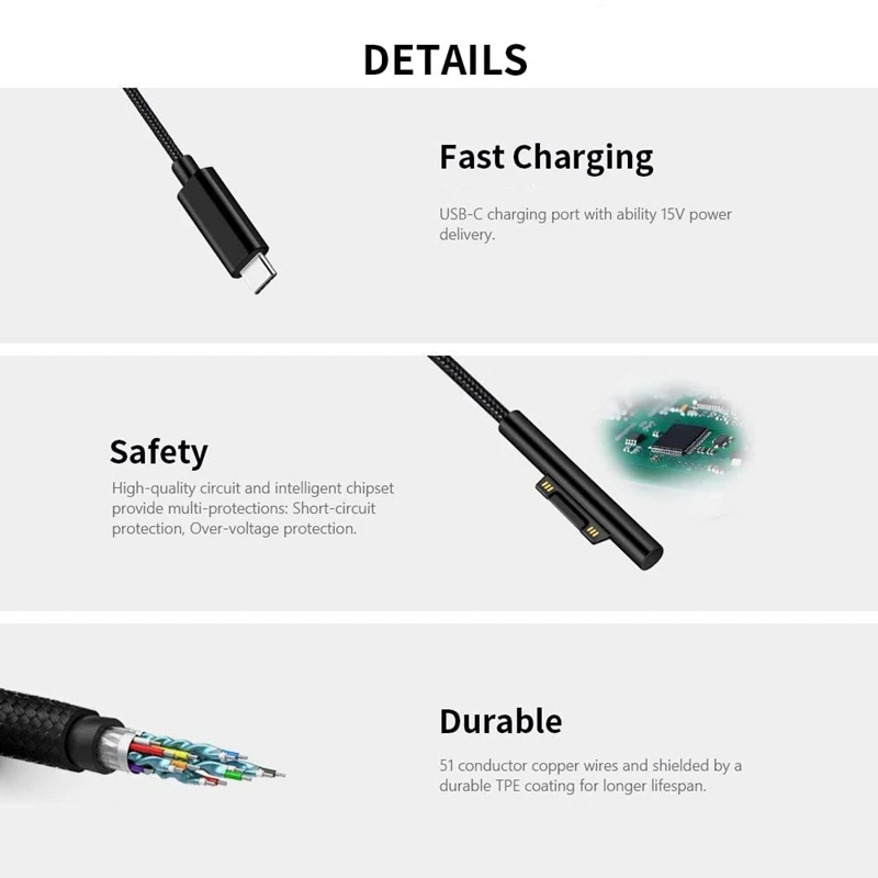 USB кабель с нейлоновой оплеткой C зарядный для Microsoft Surface Pro 6/5/4/3 поверхность