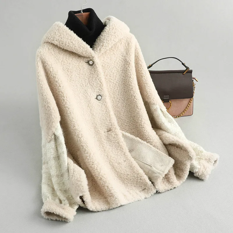 beige Пальто из натурального меха уличная шерстяная куртка корейское винтажное осенне-зимнее пальто женская одежда овечья шерсть замшевая подкладка ZT3565 - Цвет: beige