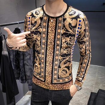 

Fashion Designer Camisetas Hombre New Velvet T Shirts Mens T Shirts Slim Fit Fashion Print Long Sleeves T Shirts Club Outfits