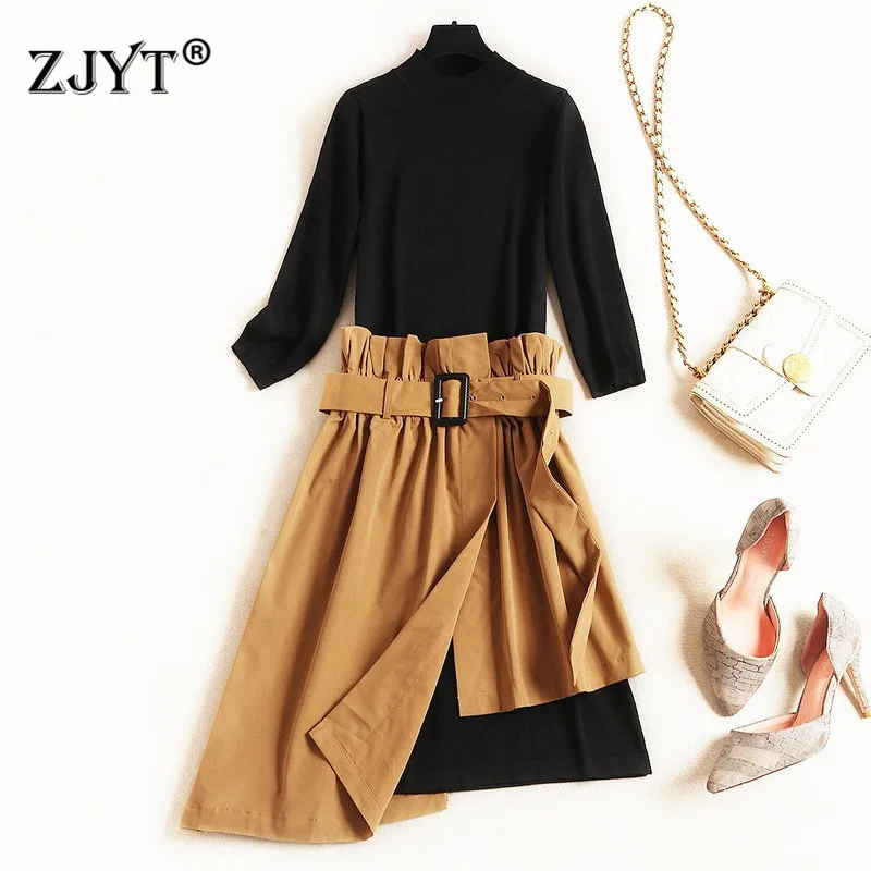 

2019 New Fashion Autumn Winter Dresses for Women High Neck Solid Black Irregular Knit Sweater Dress 2piece Vestidos Casual