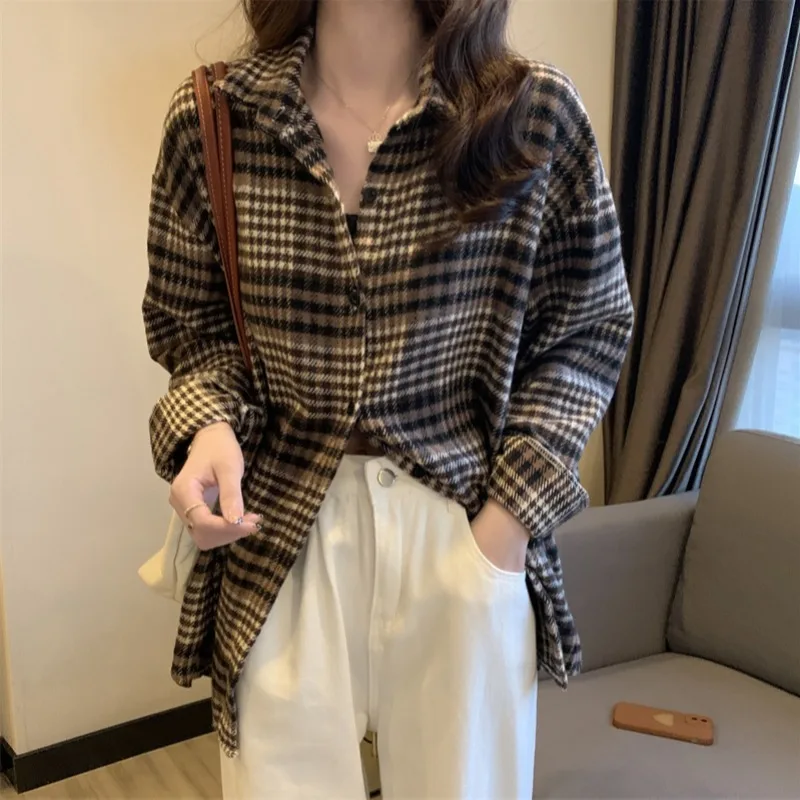 

Korean retro loose thick sanded plaid casual long-sleeved shirt jacket women