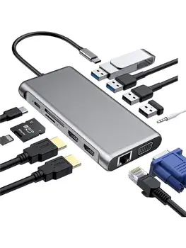 

12 in 1 USB Type C Docking Station Dual 4K HDMI USB3.0 USB2.0 PD VGA RJ45 3.5mm dual TF/SD Card Slot