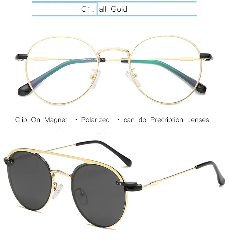 P-2062-1-all Gold IVSTA очки на застежке, мужские солнцезащитные очки на застежке, женские магнитные солнцезащитные очки, близорукость, круглые металлические оптические очки, оправа по рецепту - Цвет линз: P-2062-1-all Gold