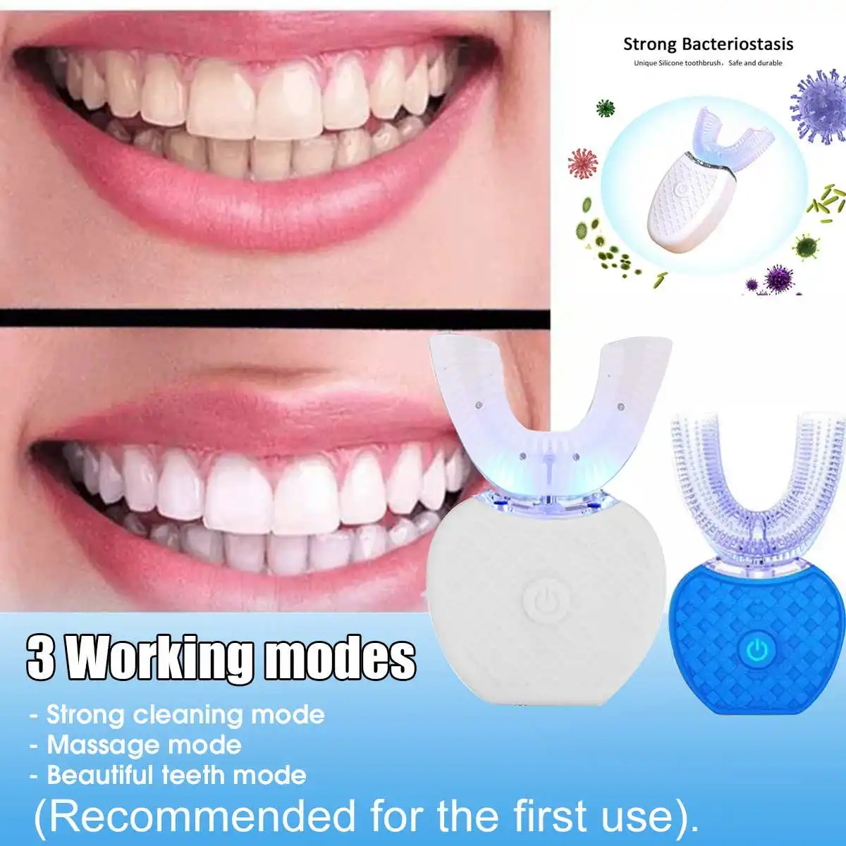 360 Degrees Intelligent Automatic Sonic Electronic Toothbrush USB Rechargeable U Shape with 3 Modes Timer Blue Light Toothpaste 360 Degrees Intelligent Automatic Sonic Electronic Toothbrush USB Rechargeable U Shape with 3 Modes Timer Blue Light Toothpaste