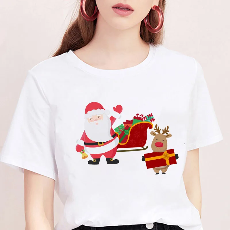 Модная Рождественская женская футболка kawaii Harajuku, удобная футболка с круглым вырезом, белая футболка с рождественским принтом, повседневный Топ