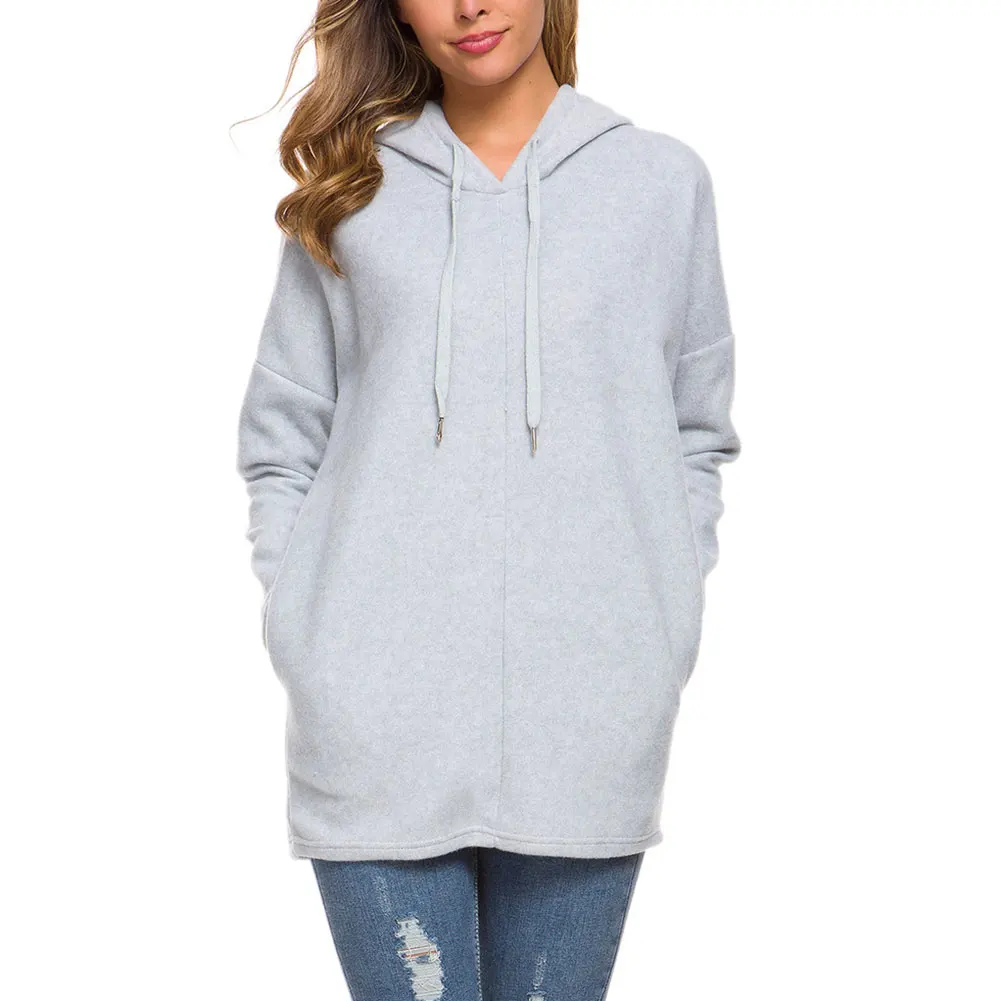 

Women Autumn Hooded Comfortable Tops V-Neck Long Sleeve With Pockets Hoodie Casual Solid Color Loose Ladies Long Blouses 2019
