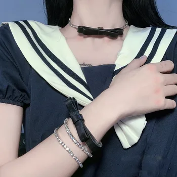 

MENGJIQIAO 2020 New Fashion Punk Gothic Black Leather Bowknot Choker For Women Girls Rhinestone Pendant Party Jewelry Gifts