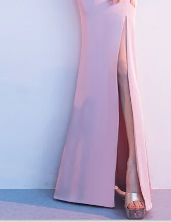 Вечернее платье с открытыми плечами Robe De Soiree вечернее платье с О-образным вырезом и длинным рукавом для женщин вечернее платье с разрезом русалки F237 - Цвет: Розовый