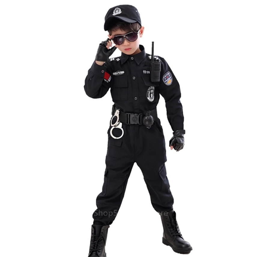Billige Kinder Verkehrs Spezielle Polizei Halloween Karneval Party Leistung Polizisten Uniform Kinder Armee Jungen Cosplay Kostüme 110 160CM