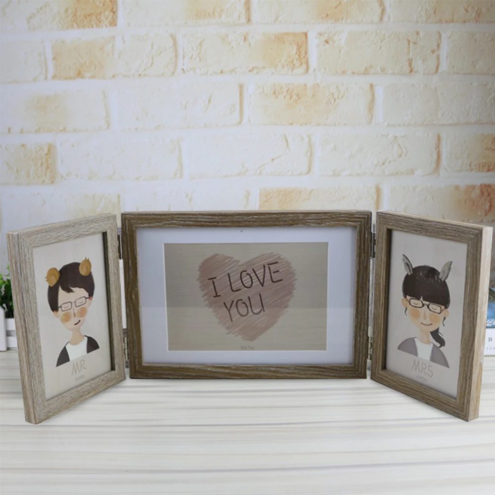 Light Color DIY Wooden Romantic Wedding Day Couple Home Lover Picture Frame Anniversary Photo Desktop Three Fold Ornament - Цвет: Light Color