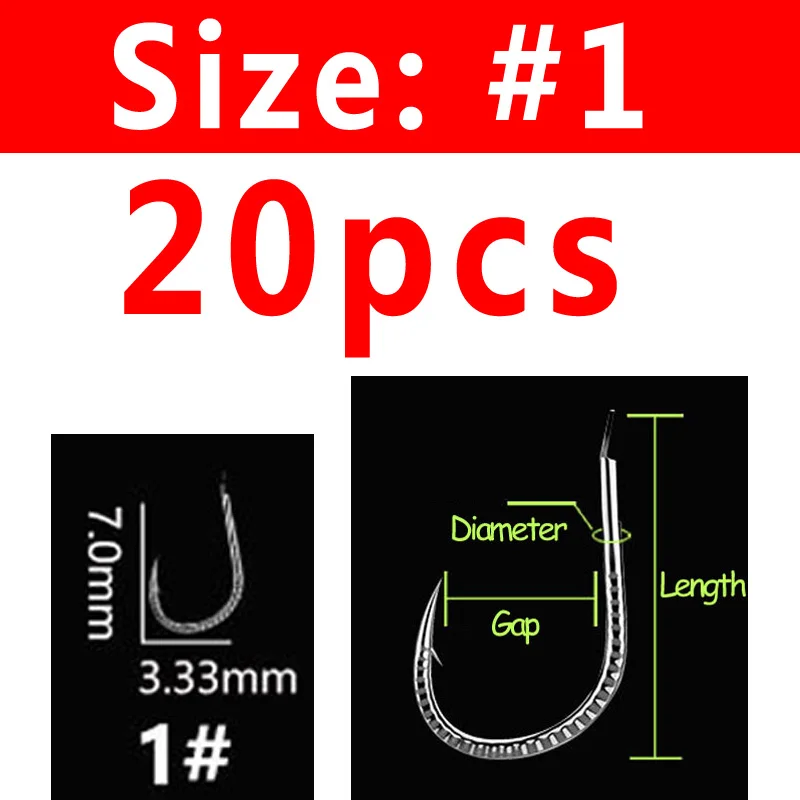 Size 1 Рыболовные крючки 20 шт./пакет Экстра сильный хвостовик кованый крючок для ловли карпа высокоуглеродистой стали - Цвет: Size 1