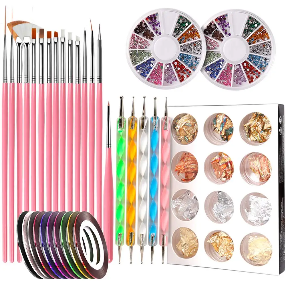 

Nail Art Set Gel Brush Dotting Pen Glitter Polish Design Rhinestones Striping Tape Stickers Accessories Tools Kit Decorations