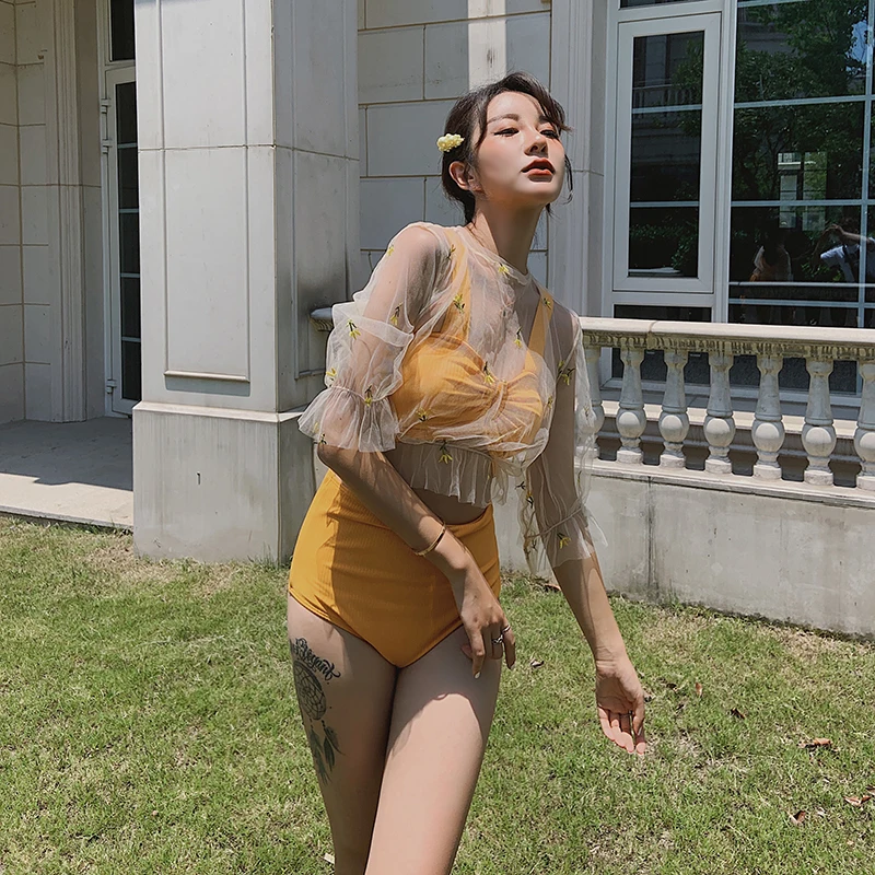 

2019 Japanese Women's Three Pieces Swimsuits Solid High Waist Middle Sleeves See Through Ruched Swimwear Bathing Beach Suits