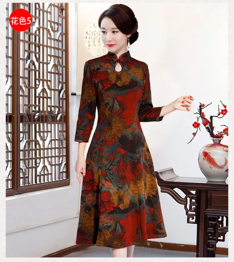 Перекрестная граница стиль бархат Cheongsam ретро Мода среднего возраста женское платье Улучшенный чёнсам платье женская