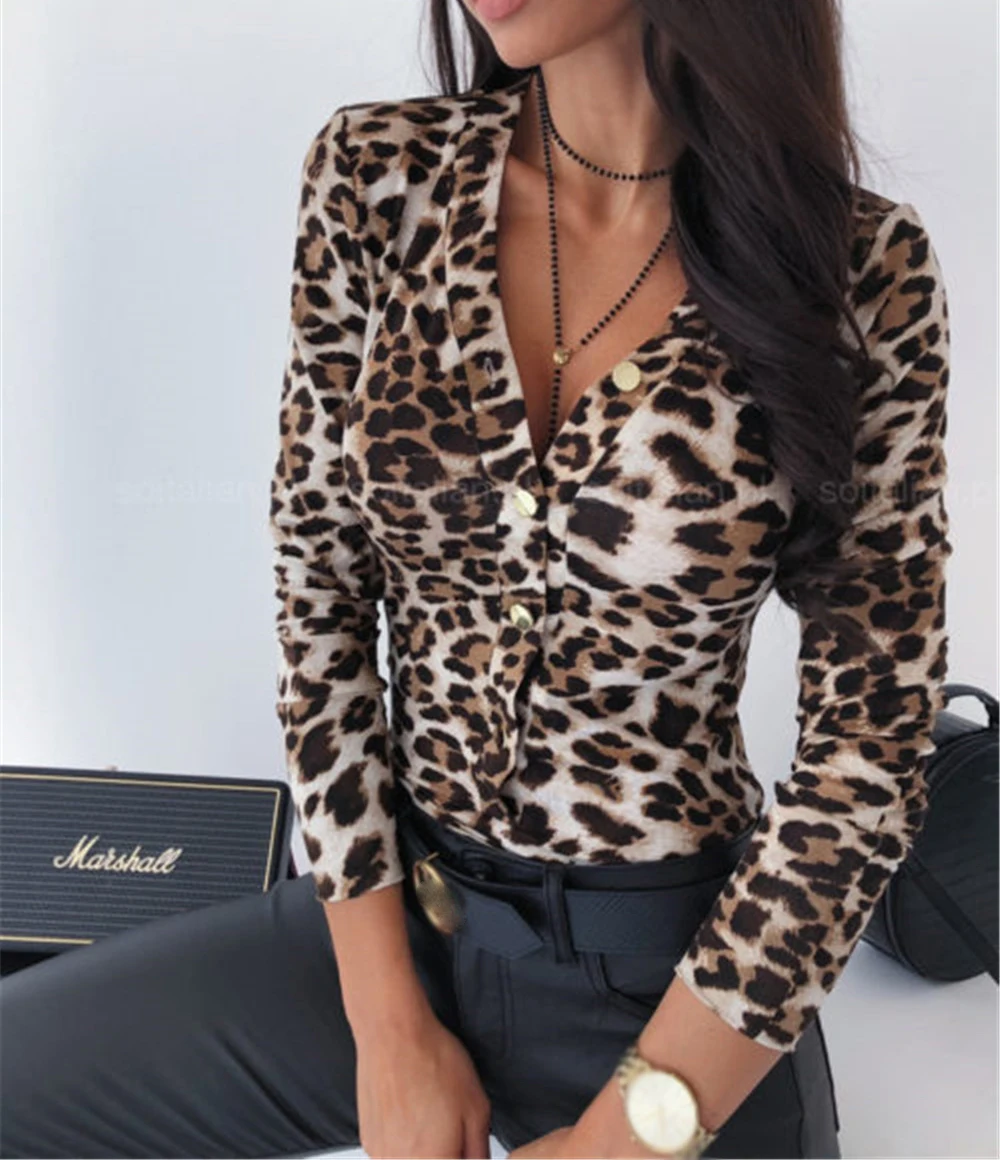 Women Long Sleeve Bodysuit Ladies Button Bodycon Leotard Romper Top Vintage Animal Print Overalls Fashion Clothes One Piece