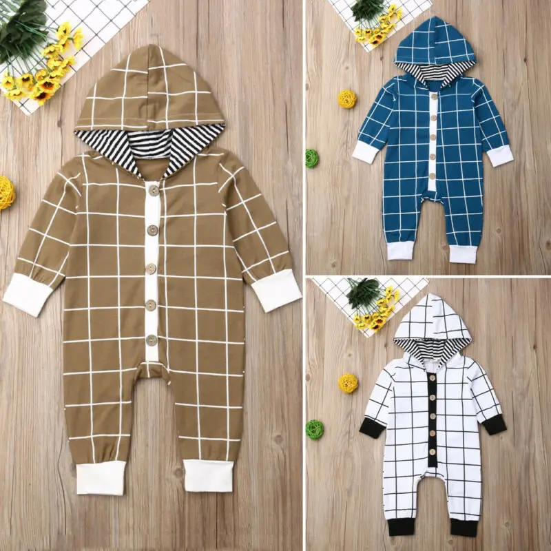 

Newborn Baby Boy Clothes Autumn Long Sleeve Plaid Button Casual Hooded Romper Jumpsuit Outfits