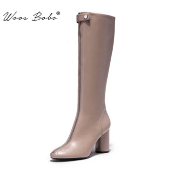 

Round heel Knee-high boots women Front zipper high heel long boots ladies 2019 Autumn/Winter PU Leather Knight boots women