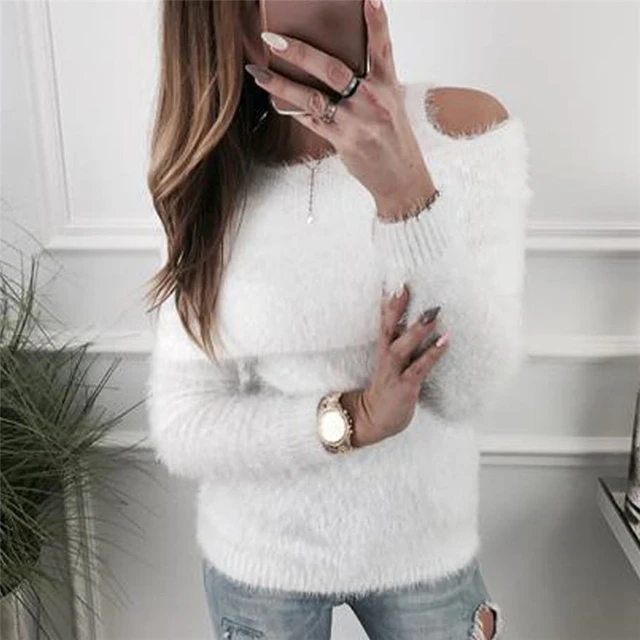 Mujer Invierno 2019 Pullover Sweater Women Solid Fluffy Cold Shoulder Long Sleeve Tops - AliExpress