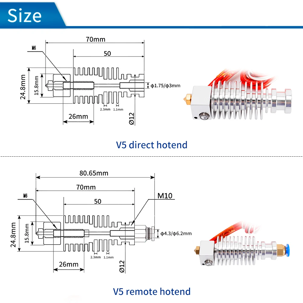 Hotend E3d v5 v6 Hotend Impressora 3d Extrusora 04 mm Bico para 175 mm Filamento Cabeça de Impressão Distância Direta 12v 24v - Imagem 5