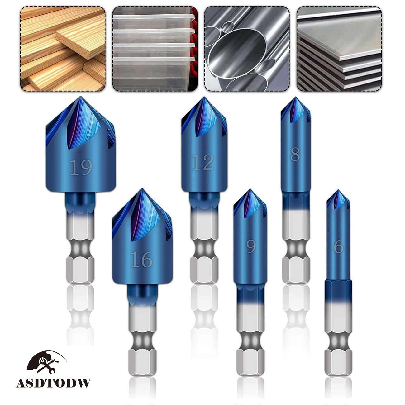 6PCS HSS Chamfer Countersink Chamfer Drill Bit 1/4" Hex Shank 90 Degree
