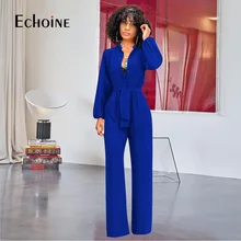 Spring Casual Bandage Jumpsuit Wide Leg Pants Women Long Sleeve Rompers Buttons V-Neck Overalls Sashes Outfits Mujer Tsuretobe