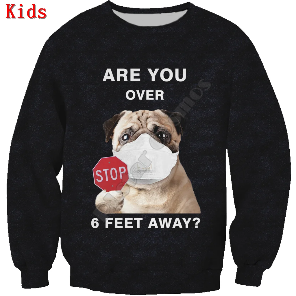 

Are You Over 6 Feet Away Pug 3d printed Hoodies Pullover Boy Girl Long Sleeve Shirts Kids Funny Animal Sweatshirt