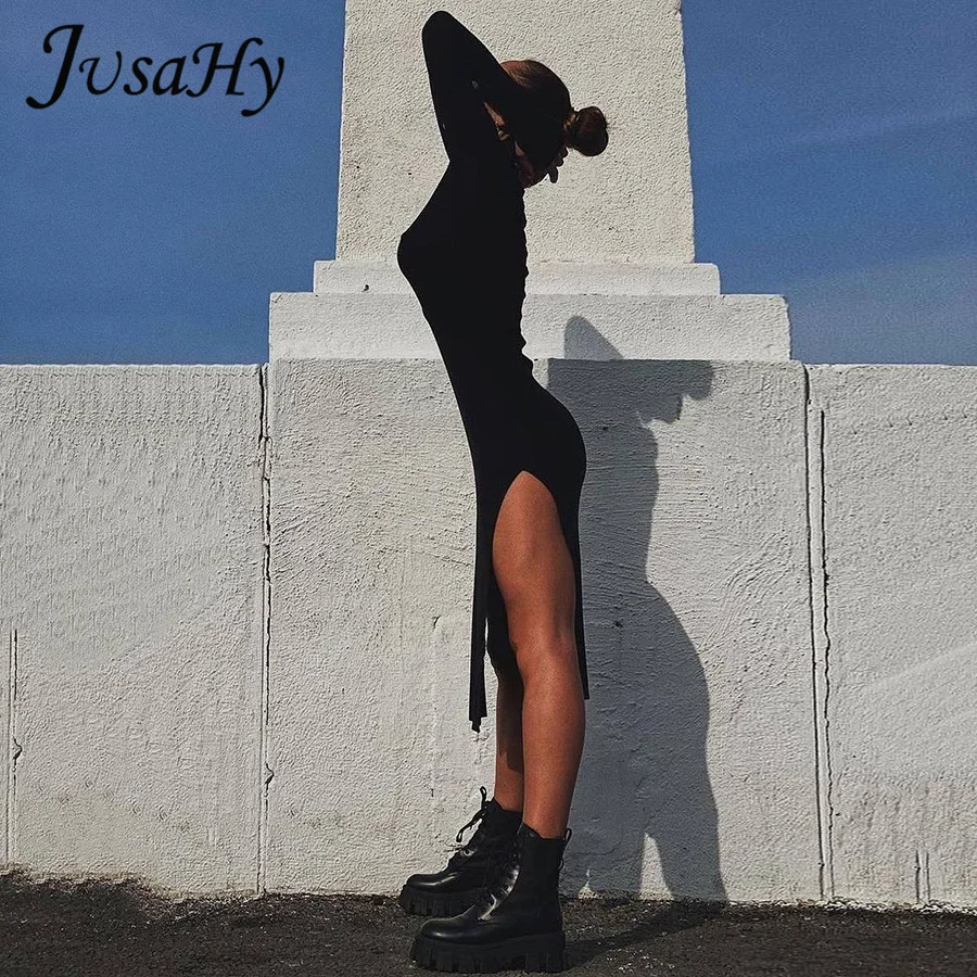 JuSaHy Elegant Knitted Solid Black Midi Dress for Women Fashion Turtleneck Long Sleeves Bodycon Side Slit Dress High Streetwear slip dress Dresses