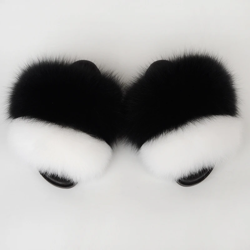 

Big Fluffy Fur Slides Summer Women Shoes Real Fox Fur Slippers Female Indoor Slides Flat Fluffy Big Fox Sandals Luxury Wholesale